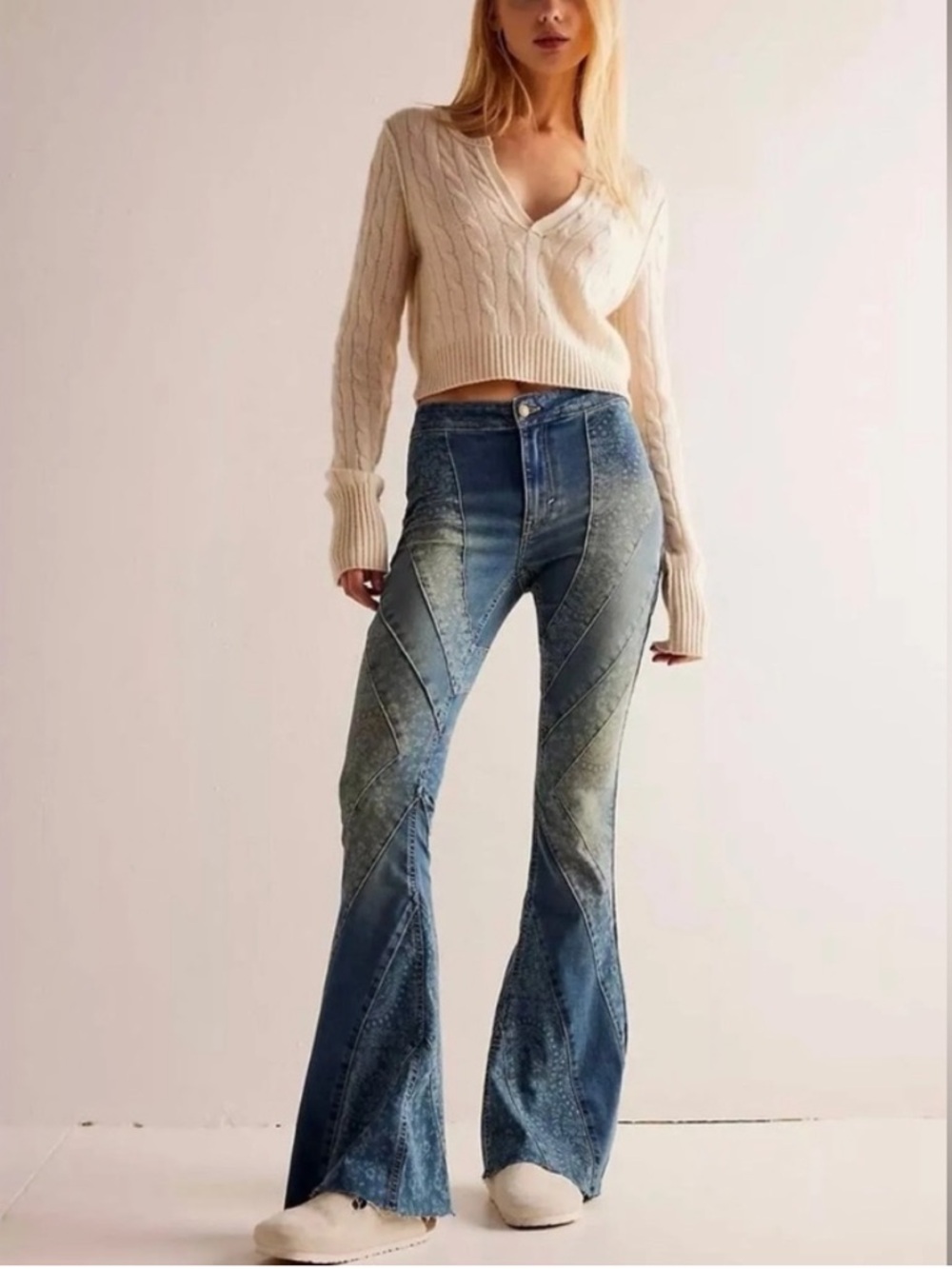 Free People We The Free Mermaid Mid Rise Flare Floral Printed Patchwork Jeans